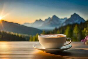 café sur le table dans le montagnes. généré par ai photo