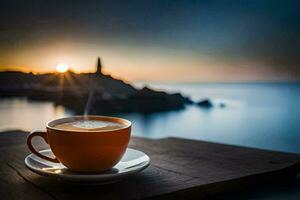 café sur le table avec le Soleil réglage plus de le mer. généré par ai photo