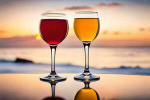 deux des lunettes de du vin sur une table avec le océan dans le Contexte. généré par ai photo