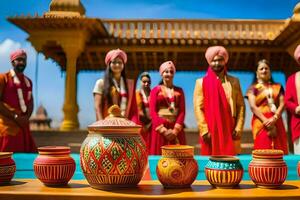 une groupe de Indien gens permanent dans de face de coloré marmites. généré par ai photo