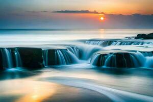 cascade à le coucher du soleil dans le océan. généré par ai photo