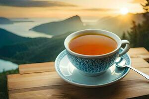 une tasse de thé sur une Montagne Haut. généré par ai photo