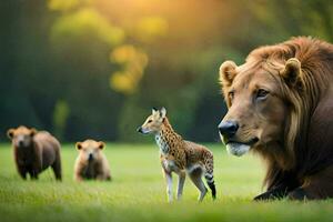 une Lion et une guépard sont permanent dans le herbe. généré par ai photo