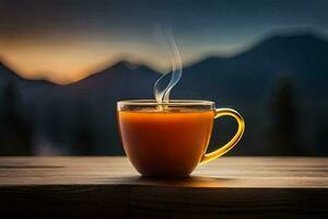 une tasse de thé sur une Montagne Haut. généré par ai photo