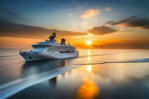 une croisière navire dans le océan à le coucher du soleil. généré par ai photo