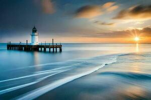 une phare des stands sur le rive de le océan à le coucher du soleil. généré par ai photo