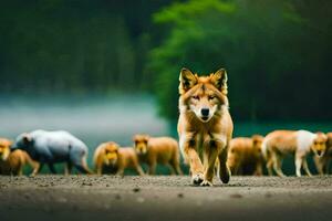 une Loup est en marchant dans de face de une troupeau de animaux. généré par ai photo