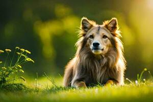 une chien séance dans le herbe avec une Soleil dans le Contexte. généré par ai photo