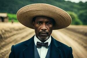une homme portant une chapeau et costume permanent dans une champ. généré par ai photo