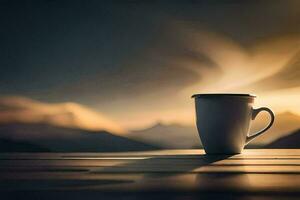 café tasse sur le tableau, montagnes, lever du soleil, le ciel, HD fond d'écran. généré par ai photo