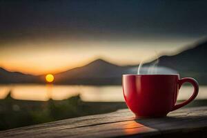 une rouge tasse de café sur une en bois table avec une vue de le le coucher du soleil. généré par ai photo