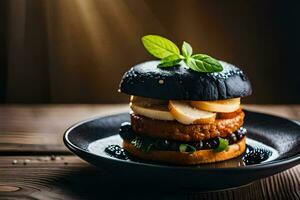 une noir Burger avec champignons et myrtilles sur une plaque. généré par ai photo