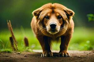 une marron chien est en marchant sur le saleté. généré par ai photo