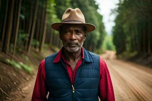 une homme portant une chapeau et gilet permanent sur une saleté route. généré par ai photo