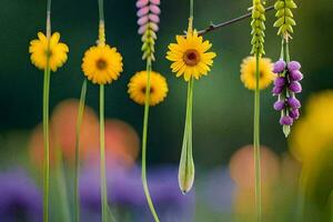 une groupe de fleurs sont pendaison de une vigne. généré par ai photo