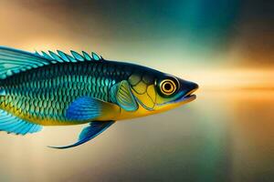 une poisson avec brillant bleu et Jaune couleurs. généré par ai photo