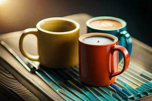 deux coloré café des tasses asseoir sur une en bois tableau. généré par ai photo