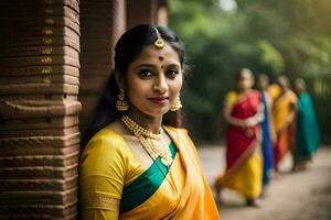 une femme dans une sari pose pour une photo. généré par ai photo