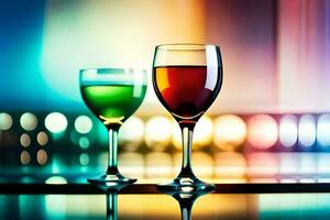 deux des lunettes de du vin sur une table avec coloré lumières. généré par ai photo