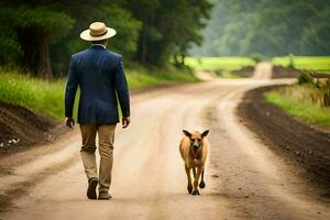 une homme dans une costume et chapeau en marchant vers le bas une saleté route avec une chien. généré par ai photo