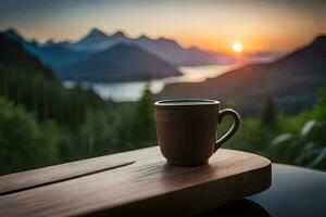 une café tasse est assis sur une table surplombant une Montagne gamme. généré par ai photo