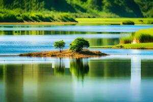 une seul arbre sur un île dans le milieu de une lac. généré par ai photo