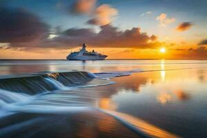 une croisière navire dans le océan à le coucher du soleil. généré par ai photo