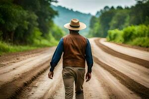 une homme dans une chapeau et gilet en marchant vers le bas une saleté route. généré par ai photo