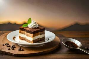 une tranche de gâteau sur une assiette avec café des haricots et une cuillère. généré par ai photo