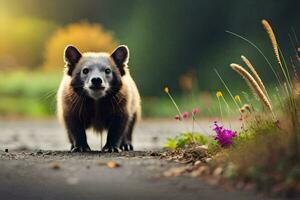 une petit animal en marchant sur le route. généré par ai photo