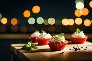 petits gâteaux sur une en bois table avec lumières dans le Contexte. généré par ai photo