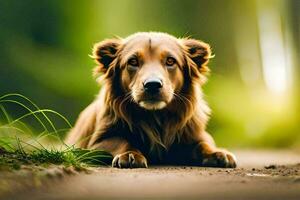 une chien pose sur le sol dans le les bois. généré par ai photo