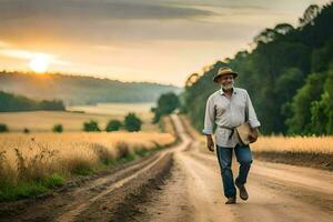 un vieux homme en marchant vers le bas une saleté route à le coucher du soleil. généré par ai photo