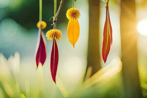 coloré feuilles pendaison de une arbre dans le Soleil. généré par ai photo