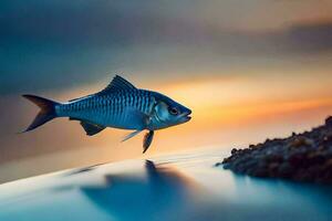 une poisson est sauter en dehors de le l'eau à le coucher du soleil. généré par ai photo