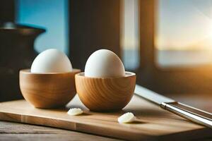 deux des œufs dans en bois Oeuf tasses sur une Coupe planche. généré par ai photo