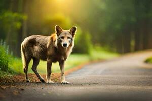 une seul Loup permanent sur une route dans le les bois. généré par ai photo