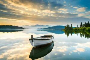 une bateau est assis sur le calme l'eau à le coucher du soleil. généré par ai photo