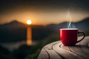 une tasse de café sur une en bois table dans le le coucher du soleil. généré par ai photo