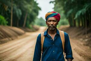 une homme portant une coloré turban des promenades vers le bas une saleté route. généré par ai photo