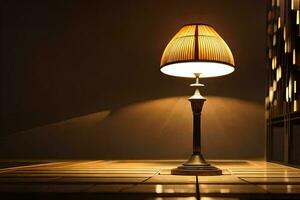 une lampe est séance sur une table dans de face de une mur. généré par ai photo