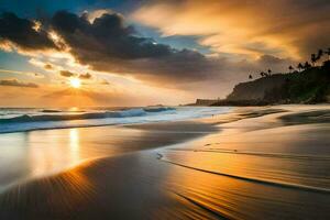 le Soleil ensembles sur le plage dans sri lanka. généré par ai photo