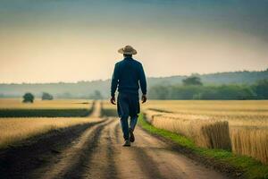 une homme dans une chapeau des promenades vers le bas une saleté route. généré par ai photo