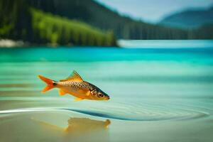 une poisson est nager dans le l'eau près une lac. généré par ai photo