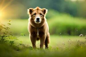 une chien est permanent dans le herbe sur une ensoleillé journée. généré par ai photo