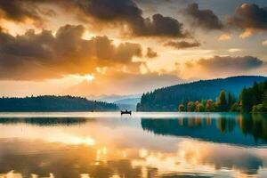 une bateau sur une Lac à le coucher du soleil avec des nuages et des arbres. généré par ai photo