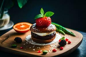 une Hamburger avec des fraises et crème sur une en bois Coupe planche. généré par ai photo