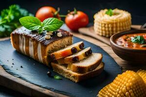 une tranche de pain avec tomate sauce et blé sur le côté. généré par ai photo