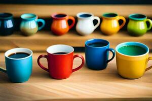 coloré café tasses sur une en bois tableau. généré par ai photo