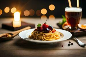 spaghetti avec baies et une verre de du vin. généré par ai photo